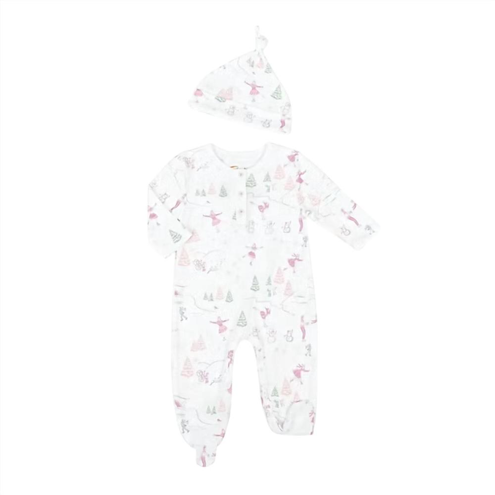 NEW PETIDOUX baby's ice-skating snowmen pima + hat onesie in pink ice